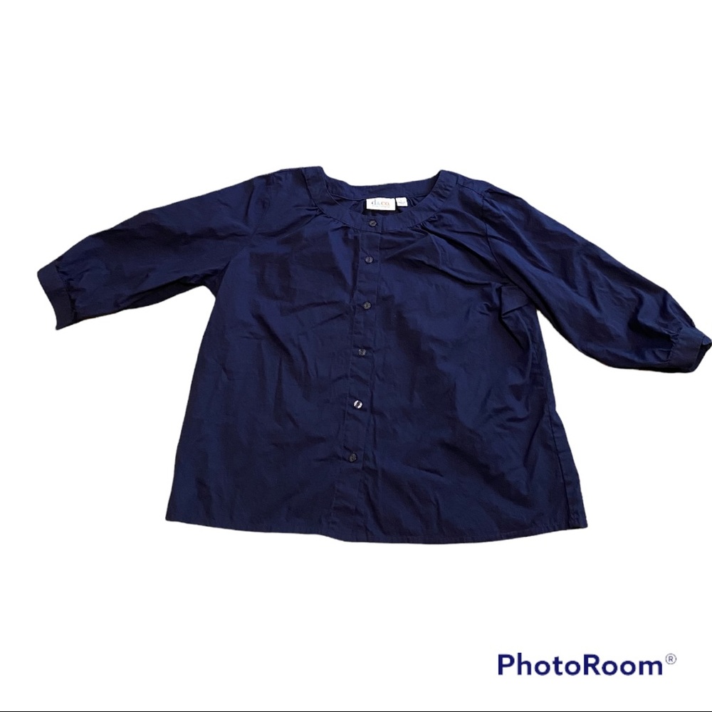 Denim & Co navy blue button front top with 3/4 sleeves